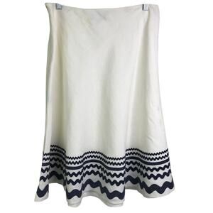 J. McLaughlin A-Line Midi Skirt Women 8 Creamy White Blue Embroidered Ribbon Hem